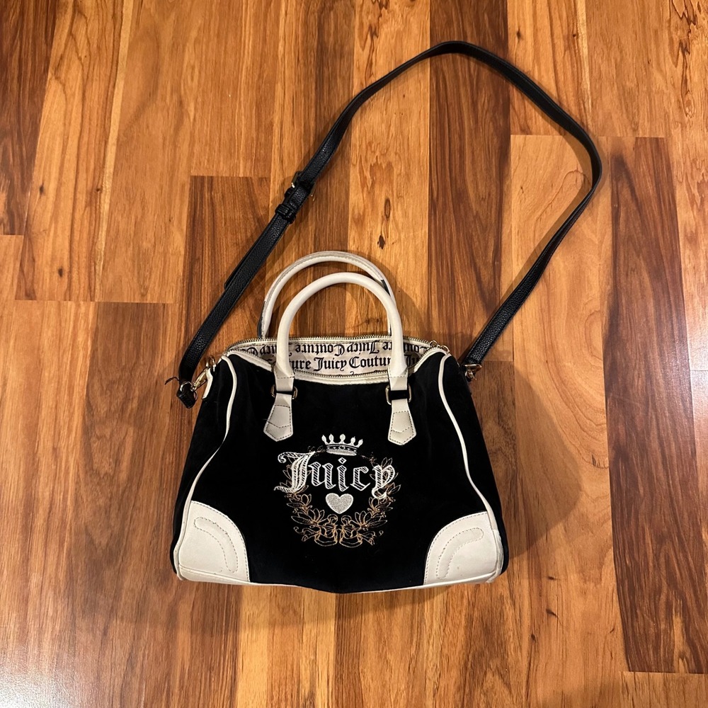 Juicy Couture Black Velour Satchel Bag Y2K Embroidered Logo Crossbody